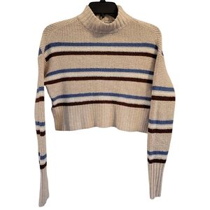Airzona Jean Co Cream Tan Red White Blue Stripe Knit Mock Neck Crop Sweater